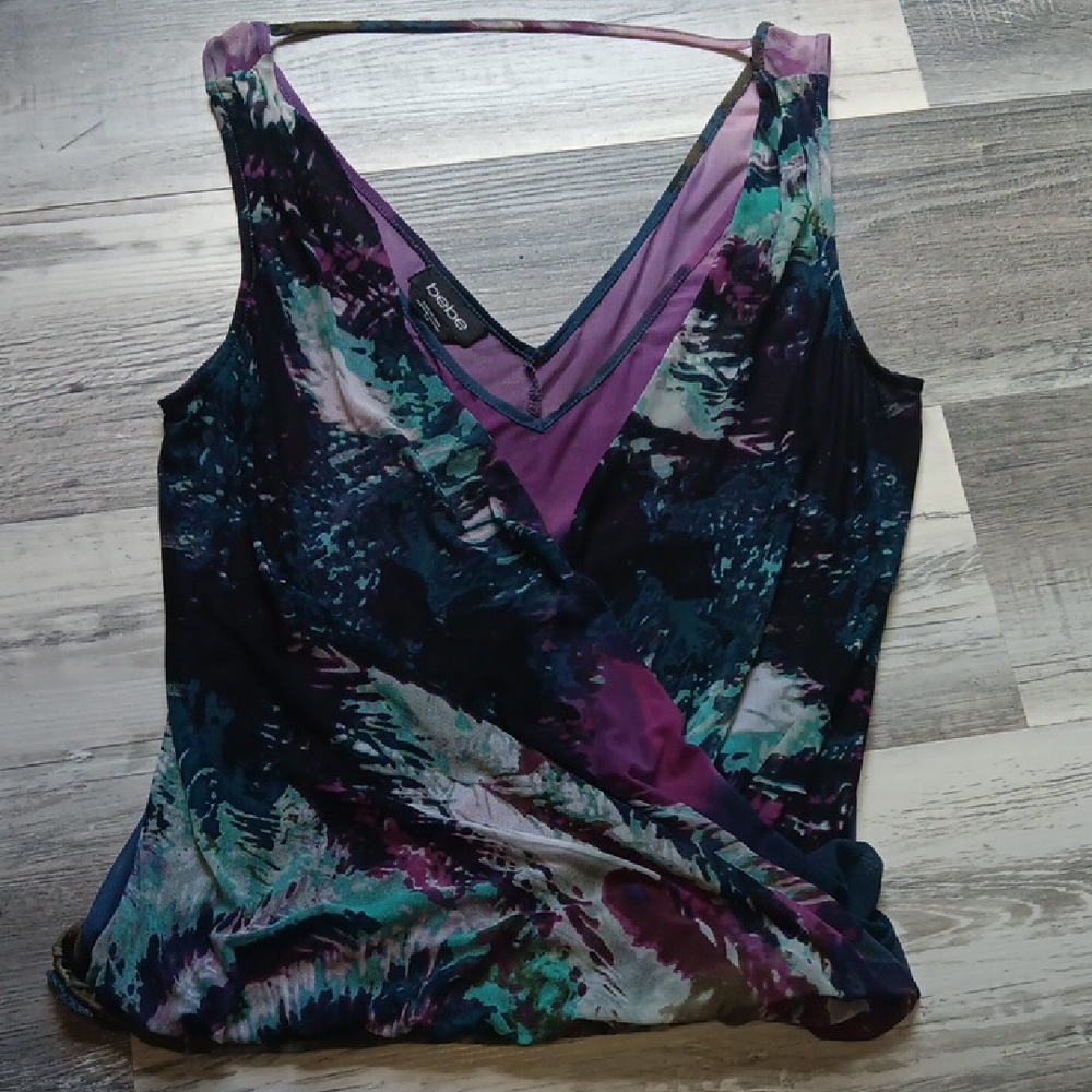 Bebe Abstract V-Neck Blouse in Purple and Teal